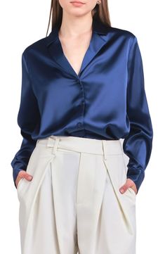 Whether you're updating your workwear or looking for a closet staple, this long-sleeve satin button-up checks all the boxes. Notched collar Long sleeves with button cuffs 100% polyester Hand wash, dry flat Imported Satin Top Outfit, Satin Shirt Outfit, Shirts To Buy, Satin Shirts, Satin Button Up, Over Shirt, Future Outfit, Blouse Nordstrom, Satin Blouses