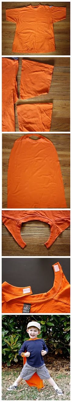 an orange shirt is being cut out and placed on the ground, with other images showing it