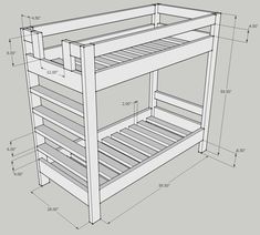 a drawing of a bunk bed with measurements for the top and bottom shelves on each side