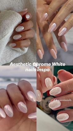 Milky Chrome Almond Nails, Marshmallow Chrome Nails, White Chrome Nail Designs, Pale Chrome Nails, Funny Bunny With Chrome Nails, Milky White Nails Chrome, White Chrome Nails Almond, White Chrome Almond Nails, White And Chrome Nails