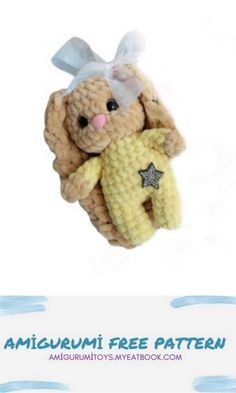 a crocheted stuffed animal with a star on it's chest is flying through the air