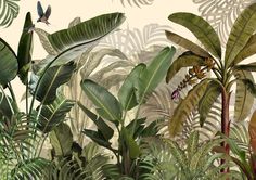 a painting of tropical plants and birds