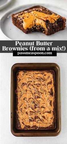 peanut butter brownie mix in a pan and on a plate with the same topping