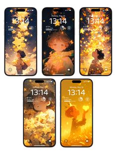 four iphones with different screens showing the same character and numbers on them, all in gold