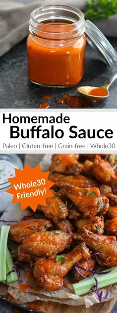 the recipe for homemade buffalo sauce is shown in two different pictures, one with chicken wings and another with celery