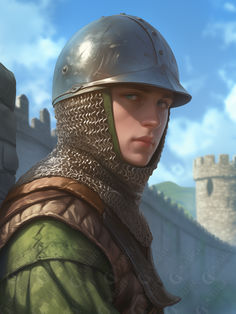 a man wearing a helmet and armor standing in front of a stone wall with a castle in the background