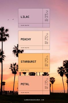 the palm trees are silhouetted against an orange and pink sky, with text that reads peachy starburst petal