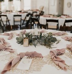 the table is set with napkins and candles