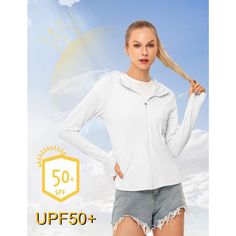 Product Description: Stay protected from the sun's harmful rays with our Women's UPF 50+ Sun Protection Shirts SPF Jacket UV Hoodie. This versatile long-sleeve hoodie is designed for outdoor activities like hiking, offering both style and functionality. Crafted from a breathable fabric blend of 90% polyester and 10% spandex, this summer clothing essential provides comfort and protection during your outdoor adventures. Available in a variety of stylish colors including White, Dusty Blue, Light Gr Long Sleeve Stretch Windbreaker For Outdoor Activities, White Hooded Jacket For Fall Outdoor Activities, White Moisture-wicking Long Sleeve Windbreaker, White Long Sleeve Moisture-wicking Windbreaker, White Hooded Jacket For Outdoor Activities In Spring, White Hooded Jacket For Outdoor Spring Activities, White Hooded Jacket For Spring Outdoor Activities, White Stretch Hooded Outerwear, Stretch Long Sleeve Hooded Jacket For Outdoor Activities