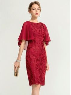 Sheath/Column Scoop Neck Knee-Length Lace Cocktail Dress Lace Cocktail Dress Wedding Guest, Gaun Koktail, Dress Brokat, Chiffon Cocktail Dress, Lace Cocktail Dress, Dress With Sleeves, Graduation Dresses, Cocktail Dress Lace, Luxury Dress