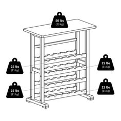 the wine rack is labeled with measurements