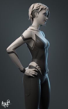 a woman is standing with her hands on her hips and looking at the camera while wearing futuristic garb