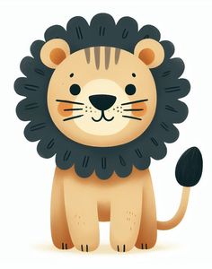 a cartoon lion with black mane and brown spots on it's face, standing in front of a white background