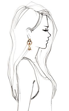 a drawing of a woman with long hair and earrings