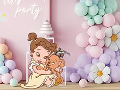 there is a princess holding a cat in front of balloons