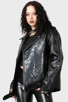 CRANIOCAUDAL.- Faux leather biker jacket.- Statement black-on-black print.- Zip up closure.- Belt detail.- Zip closure pockets.- Cuff zips.- Fitted.- Fully lined.- Unisex, so it's for everyone.Model is 5ft 7 and wears a size L.KILLSTAR branding, 100% PU. 2010 Fashion, Vinyl Clothing, Faux Leather Biker Jacket, Shiny Leggings, Clothing Patches, Denim Material, Leather Biker Jacket, Leather Outfit, Leather Jackets Women