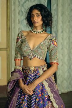 Purple jacquard banarasi kalidar lehenga with floral print and gota, zardosi, zari, dabka, pearl tasselled embroidery. Paired with floral buttas embroidered blouse and scallop edged dupatta. - Aza Fashions Wedding Choli With Zari Work And V-neck, Traditional V-neck Choli With Intricate Embroidery, Wedding V-neck Blouse With Intricate Embroidery, Traditional V-neck Wedding Gown, V-neck Wedding Choli With Zari Work, V-neck Choli For Reception And Festivals, Multicolor Embroidered Fabric For Unstitched Blouse For Wedding, Multicolor Embroidered Fabric For Wedding Blouse, Multicolor Embroidered Fabric For Wedding