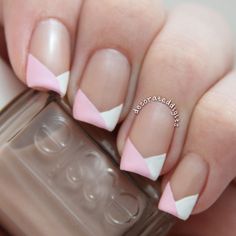 Neapolitan looking pink and white funky french tip nails by White Pink Tip Nails, Angled Tip Nails, June French Tip Nails, White Nails With Pink Tips, Criss Cross French Tip Nails, Pink French Nail Designs, Creative French Tip Nails, Pink And White Nails French, Pink And White French Tip Nails