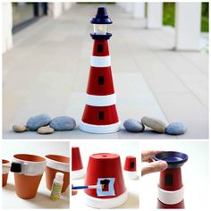 there is a red and white lighthouse on the ground next to some rocks, which are also made out of plastic cups