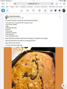 a loaf of bread sitting on top of a pan filled with chocolate chip muffins