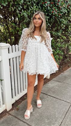 Dainty As A Daisy Dress Pretty White Dresses, White Babydoll Dress, White Babydoll, Floral Overlay, Daisy Dress, Rehearsal Dinner, Sheer Sleeves, Babydoll Dress, Dresses Xs