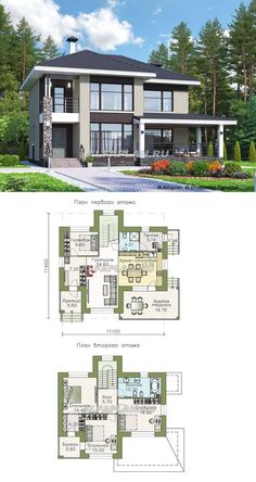 two story house plan with floor plans and elevation details for the front, side and rear views