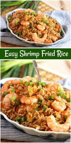 shrimp fried rice in a white bowl with green onions and carrots on the side