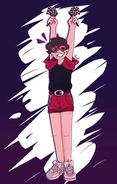 a drawing of a girl with her arms in the air and one hand up above her head