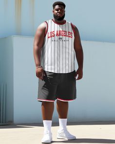 Bring the spirit of Los Angeles to your workout wardrobe with the Men's Plus Size Los Angeles Tank Top Athletic Two Piece Set. This set combines the laid-back vibe of LA with the practicality of athletic wear, featuring a tank top and matching bottoms with a Los Angeles-themed design. You can wear it to basketball games, training or casual sports events to show your love for basketball and your personal style. Style: Two Piece Set Design: Los Angeles, Letter, Line, Color Matching Fit: Loose Neck Relaxed Fit Tank Top With Dropped Armholes For Athleisure, Summer White Muscle Tee, Sporty Summer Muscle Tee With Athletic Fit, Summer Sporty Muscle Tee With Athletic Fit, Summer Sporty Athletic Fit Muscle Tee, Summer Athleisure Muscle Tee For Sports, White Sleeveless Moisture-wicking Muscle Tee, Summer Athletic Fit Muscle Tee For Sports, Sportswear Tank Top With Dropped Armholes