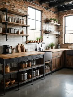 an industrial style kitchen with open shelving and wooden counter tops, potting pans on the shelves