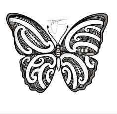 a black and white drawing of a butterfly with swirls on it's wings