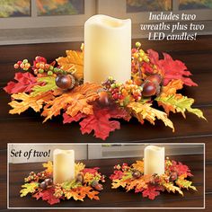 a candle and some leaves on a table