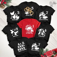 Christmas 12 Days Of Tee Shirt, 12 Days Of Christmas Family Group  Tshirts, Matching Christmas Party Gift Shirts, 12 Days Of Holiday Outfit. Celebrate the holiday spirit with our Christmas 12 Days of Tee Shirts! Perfect for family gatherings or group Christmas parties, these matching shirts bring festive fun to your celebrations. Whether you're counting down the days of Christmas or gifting them to loved ones, these tees make the perfect holiday outfit for everyone to enjoy! Hello, Welcome to Bl 12 Days Of Christmas Costume, Christmas Party Gift, Holiday Outfit, Christmas Parties, Unique Boutique, Christmas Costumes, Christmas Family, 12 Days Of Christmas, Travel Shirts