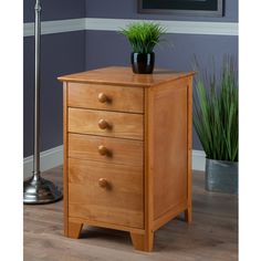 a wooden cabinet with three drawers and a potted plant