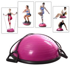 a woman is using an exercise ball with resistance bands