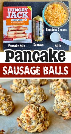 pancake sausage balls on a baking sheet with cheese in the background and text overlay