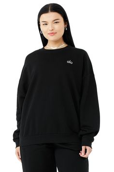 Accolade Crew Neck Pullover - Black | Alo Yoga Basic Sweats With Ribbed Cuffs, Cozy Alo Yoga Sweatshirt For Fall, Alo Yoga Relaxed Fit Sweatshirt For Fall, Alo Yoga Athleisure Sweatshirt For Fall, Cozy Alo Yoga Sweatshirt With Ribbed Cuffs, Casual Long Sleeve Sweater By Alo Yoga, Alo Yoga Cozy Fit Long Sleeve Sweatshirt, Oversized Alo Yoga Tops With Ribbed Cuffs, Oversized Alo Yoga Top With Ribbed Cuffs