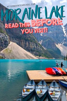 canoes floating on a light blue lake with large mountain in the background Moraine Lake Canada, Banff National Park Canada, British Columbia Travel, Banff Canada, Canada Holiday, Moraine Lake, Canadian Rockies, Banff National Park, Beautiful Lakes