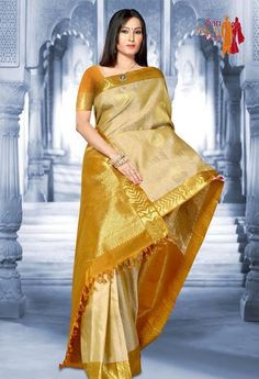 a beautiful gold #kancheepuram saree. Available at saridhoti.com Kancheepuram Saree, Saree Color Combinations, Indian Accessories, Kanjivaram Saree, South Indian Sarees, Translation Services, Indian Silk Sarees, Jacquard Design