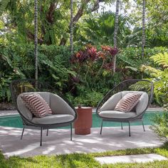 two chairs sitting next to each other in front of a pool with trees and plants