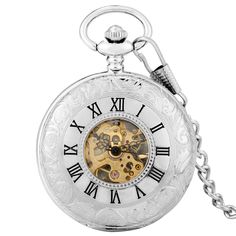 Skeleton Dial Mechanical Pocket Watch Discover the ideal present for watch aficionados: our Silver Smooth Double Full Hunter Case Steampunk Skeleton Dial Mechanical Pocket Watch with Chain. This exquisite piece is perfect for collectors, history enthusiasts, and steampunk admirers. The silver hunter case opens to a skeleton dial, revealing the meticulous craftsmanship of the mechanical watch's inner workings. Each component is hand-assembled by master watchmakers, offering an open heart design that showcases the movement's gears. Featuring a roman numeral dial, blued steel hands, and a polished silver case, this watch captures a vintage steampunk essence. It comes with a matching chain, enhancing its classic charm. Gift a piece of enduring craftsmanship with our mechanical pocket watch. It Metal Skeleton Dial Watch As Gift, Metal Skeleton Dial Watch For Gift, Metal Skeleton Dial Watch, Silver Automatic Pocket Watch As Gift, Silver Automatic Pocket Watch Gift, White Metal Watch As Gift, White Metal Watch For Gift, Silver Pocket Watch With Skeleton Dial, Silver Skeleton Dial Watch Accessories As Gift