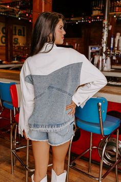 - Live your best life with trendy style in this darling denim piece! - Unlined, non-stretch denim material with accent fading and white sections at the top and arms - Long, loose sleeves with button closure cuffs - Two low functional pockets - Buttoned down, collared neckline - Relaxed silhouette that ends in a straight hemline Casual White Cotton Denim Top, White Casual Denim Top For Spring, White Denim Top For Spring, Trendy White Denim Top For Spring, White Trendy Denim Top For Spring, White Washed Denim Outerwear, Trendy White Denim Tops, White Denim Tops For Fall, White Denim Top For Day Out