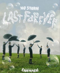 a group of people holding umbrellas in front of the words, no storm last forever