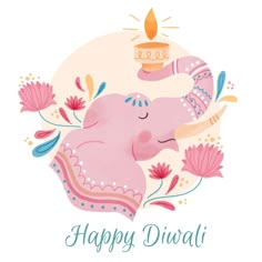 happy diwali greeting card with an elephant holding a candle in its trunk and flowers around it