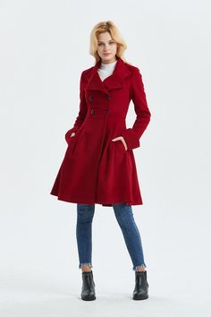 This fashion women coat shows two different styles when the high collar stand up or not. When the collar stand up, the style has an amazing vintage military look, it can also keep you warm. When the collar worn open, it will be a beautiful lapel, shows a feeling of sweet and romantic. with fancy tailoring, the cinched in waist will give you a wonderful silhouette whilst the length will give you just enough coverage to stay super cozy.This coat is popular welcomed in our shop, you can wear it for Cheap Red Outerwear With Button Closure, Double-breasted Wool Coat With Pockets, Long Wool Coat Women, Fit And Flare Coat, Leather Blazer Women, Green Wool Coat, Winter Coat Women, Red Wool Coat, Coat Women Fashion