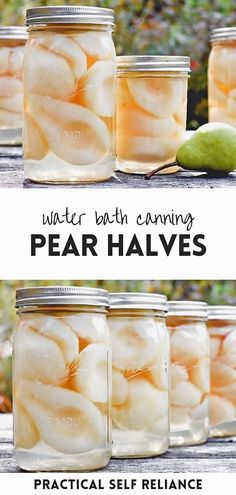 jars filled with pears and water sitting on top of a wooden table