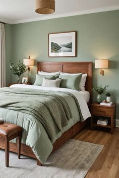 a bedroom with green walls and white bedding in the center, along with two nightstands on either side of the bed