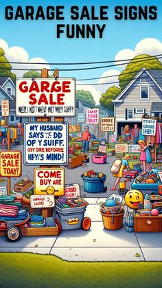 an advertisement for garage sale signs on the side of a road