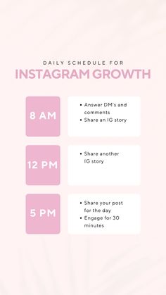 the instagramm growth schedule is shown in pink and white with text on it