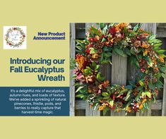 an advertisement for the new product, featuring a wreath with leaves and flowers on it